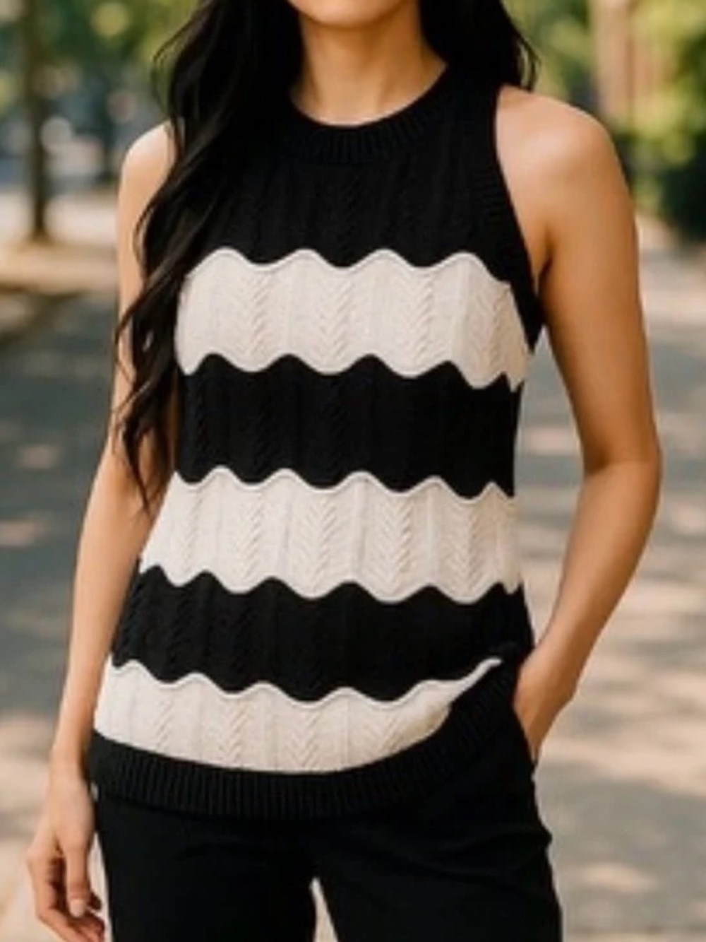 Tommy Hilfiger Black and White Ribbed Asymmetrical  Top  XL